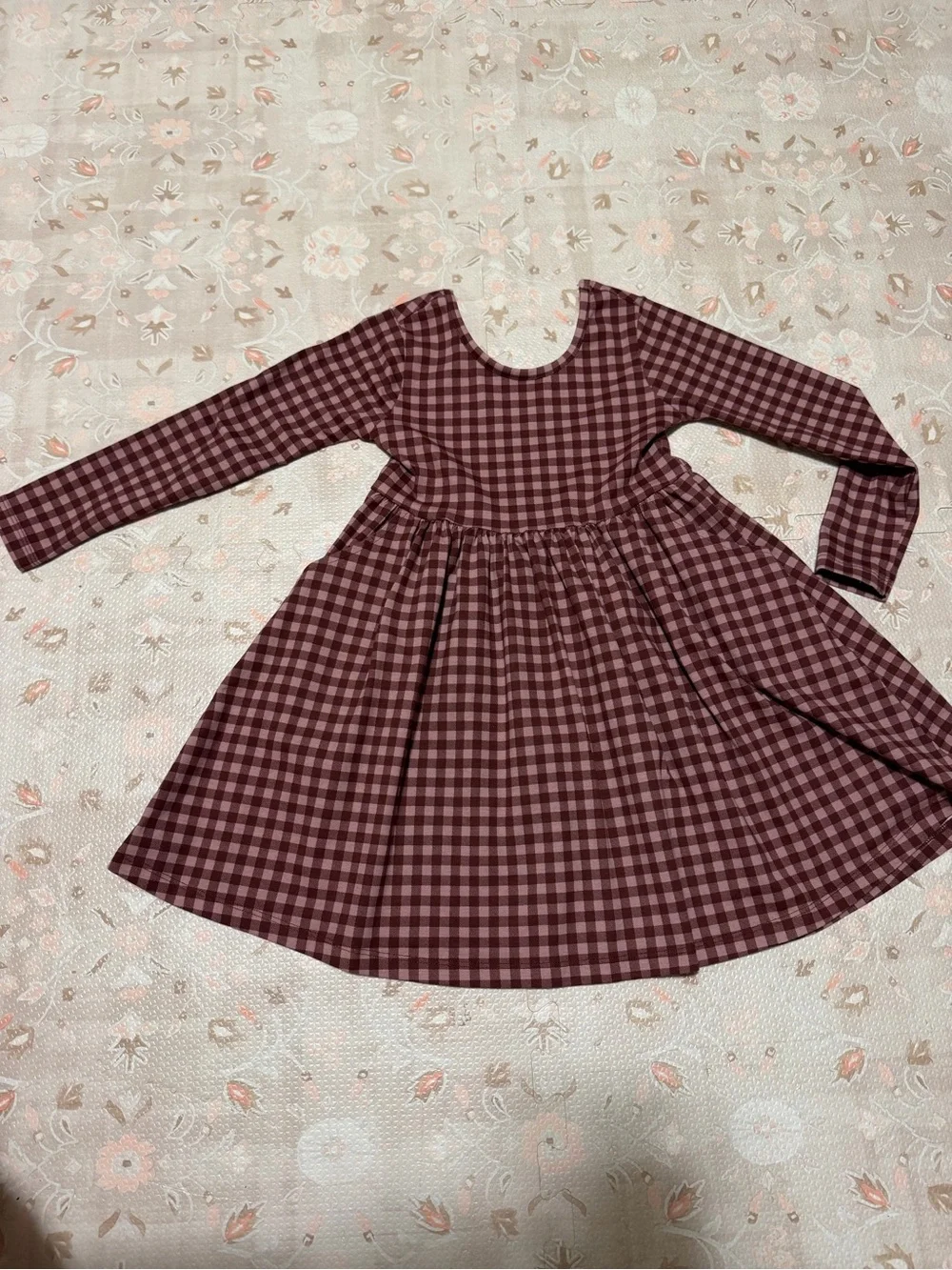 Quince Girls' Burgundy Plaid Long-Sleeve Twirl Dress
